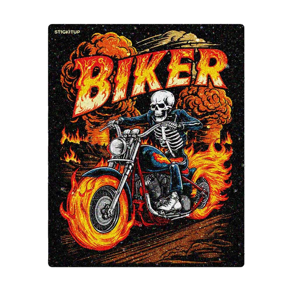 Flaming Skeleton Biker Glitter Sticker